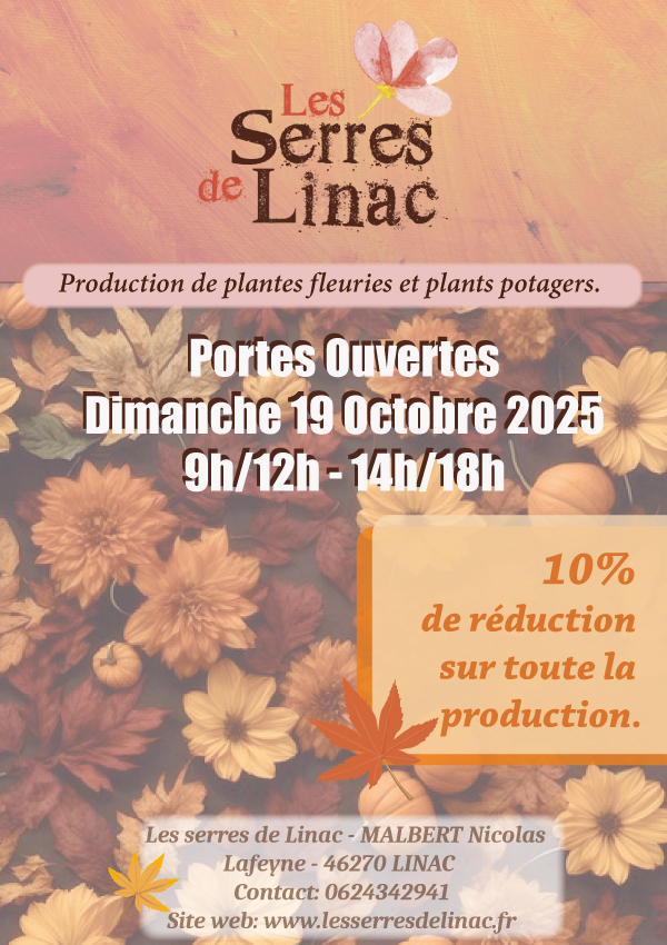 Portes ouvertes Dimanche 19 Octobre 2025 9h/12h - 14h/18h - 10% de réduction sur toute la production